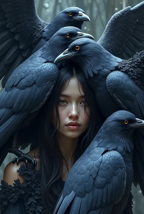 portrait of a woman surrounded by rhskmzvb by a crow ,  part of her face and head covered by the wings and bodies of crows, Yuri Shvedov and Tom Bagshaw , in the style of dark fantasy, Laszlo Balog, Charlie Bowater and Tom Bagshaw,  hyperrealistic fantasy ...