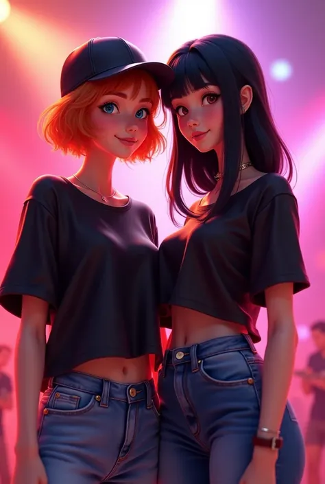 Animated female pop star with slightly short ginger hair wearing loose black t shirt and black cap standing with another female pop star with long black hair with dimples on her cheeks