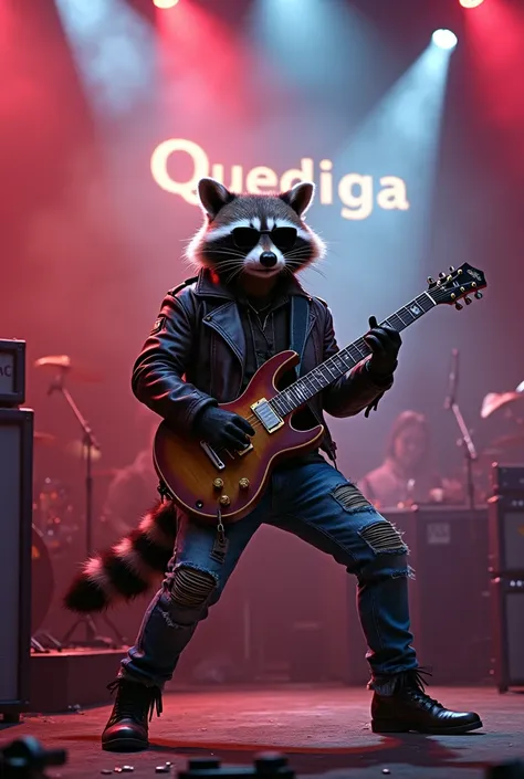 A rocker raccoon at a concert with a quediga rock quarry logo
