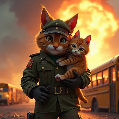 Sergeant Whiskers pulls the last kitten out of the school bus just as a massive explosion occurs in the background. The kitten clings to Whiskers, looking scared but grateful. Whiskers, though injured and bloodied, shields the kitten with his body. The fie...