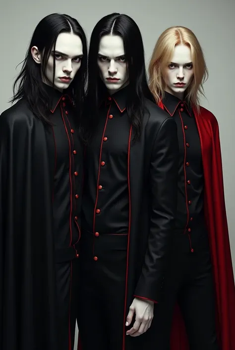 " Three men in black clothes with red details very pale white skin actually ,They have a large black cape , two of the men have long black hair one has blond hair all look like 25-year-old men and brown eyes look intimidating."