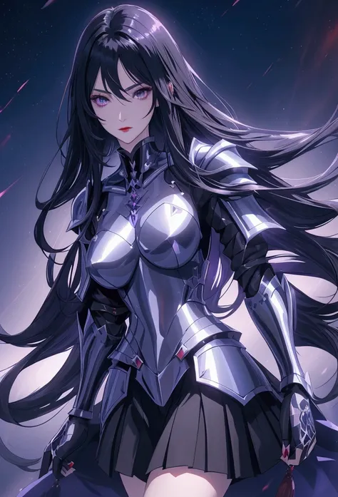  A beautiful anime woman with dark black shiny long hair , beautiful purple eyes ,  angular, sweet ,  face with dark red shiny lips and a very detailed dark blue shiny metallic knight armor with a very detailed skirt , 4K, raytracing , at night , Brilliant...