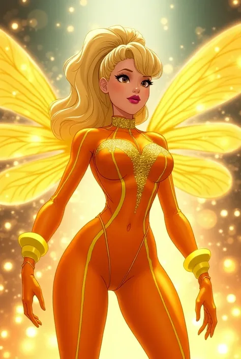 Seinen , winx club , Estella ,  adult woman of 25 years blonde hairstyle ponytail and loose , using makeup,  orange eyeshadow and pink mouth  ,  with a transformation dress  ,  animation wearing orange jumpsuit with glitter on the turtleneck in yellow with...