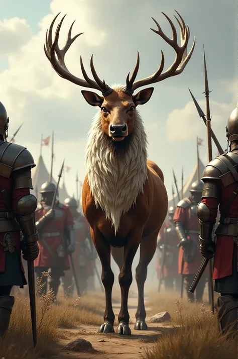 A brown elk ,  with white hair on the chest and behind the An Arming Army ready for battle 