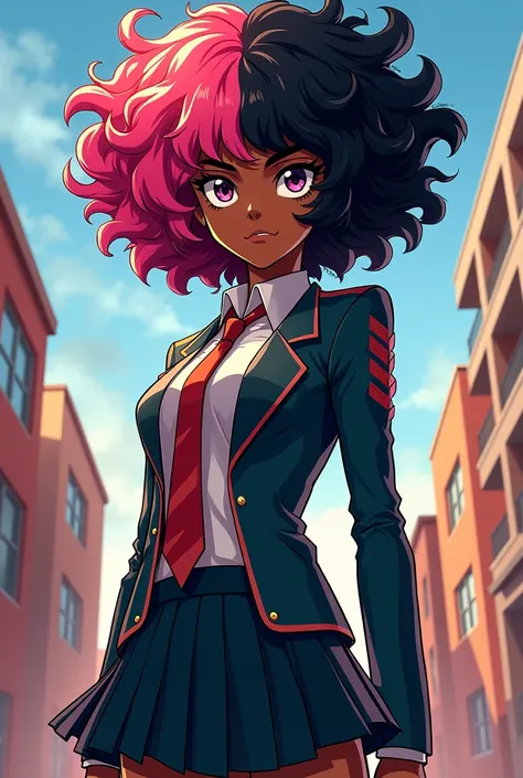 Boku no hero academia
comics panel of a female African. she has pink and black hair, and she is a hero, she is wearing school uniforms.