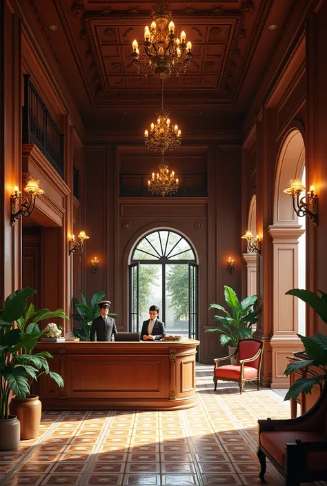 Old colonial style hotel.from inside with a reception area at one side
