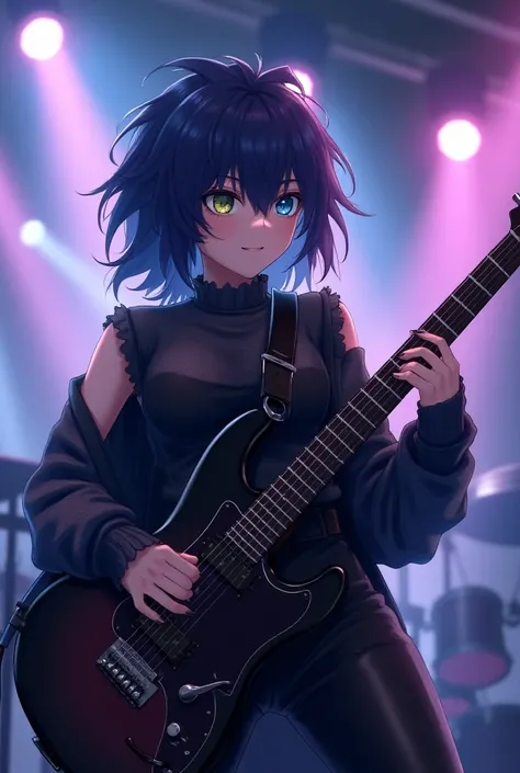 Stylish anime rocker girl plays guitar;  with cobalt blue hair and dark purple locks covering one eye. Ultra quality and high resolution . scenario: palco de um show. She has blossoming green eyes ,  but one eye is faded and almost blind blue.