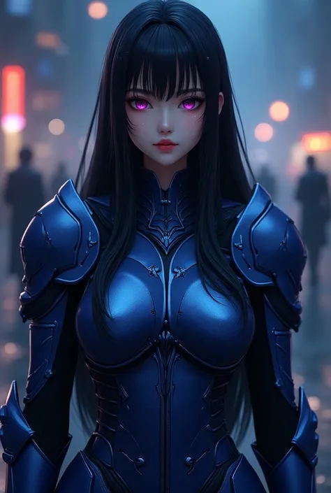  A beautiful anime woman with dark black shiny long hair , beautiful purple eyes ,  angular, sweet ,  face with dark red shiny lips and a very detailed dark blue shiny metallic knight armor with a very detailed skirt , 4K, raytracing , at night , Brilliant...