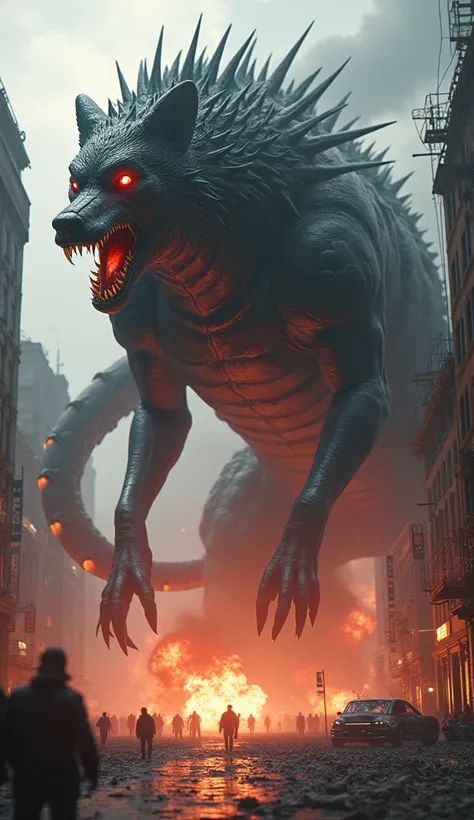  A monstrous creature composed of a wolf , serpent and scorpion attack the city . His head is that of a wolf,  with eyes glowing like lava and sharp fangs .  Its serpentine body is covered by dark scales that reflect red lights Of the explosions,  while it...