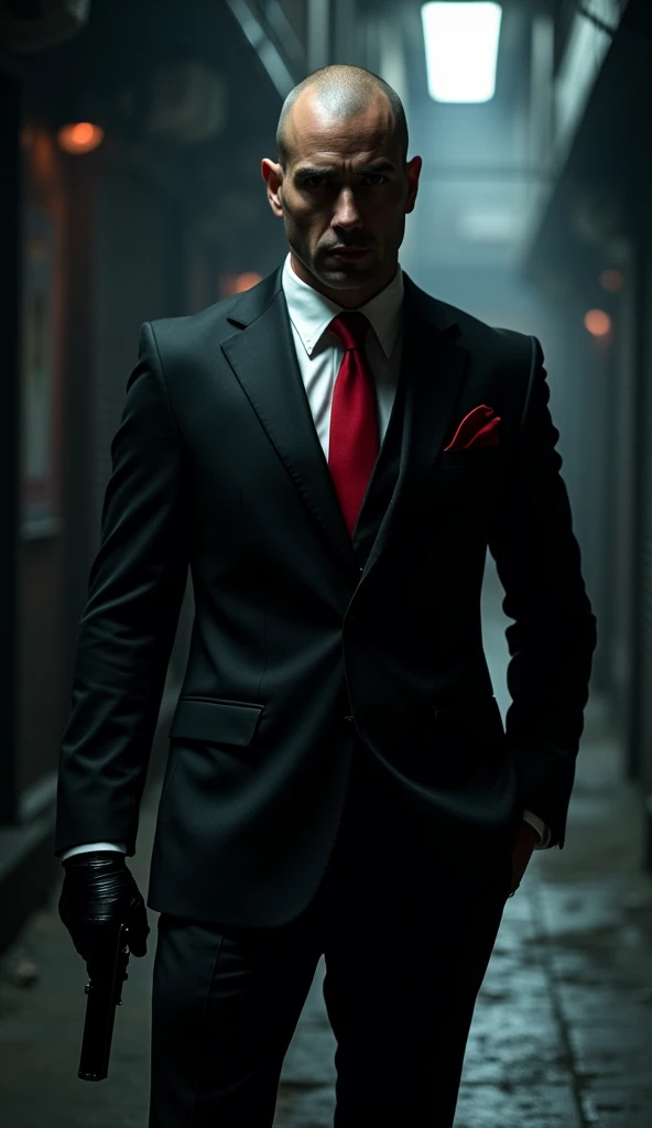 ((masterpiece)) ((photography)) ((Highest quality))A bald-headed man in a sleek black suit, white shirt, and striking red tie, wearing black gloves. He stands in a shadowy alley, holding a silenced pistol in one hand. A barcode is visible on the back of hi...