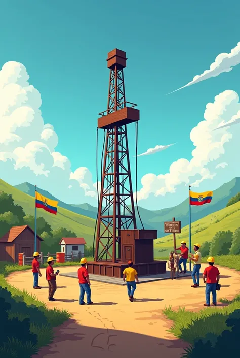  Images of the first oil well in Ecuador, with animated characters and flags 