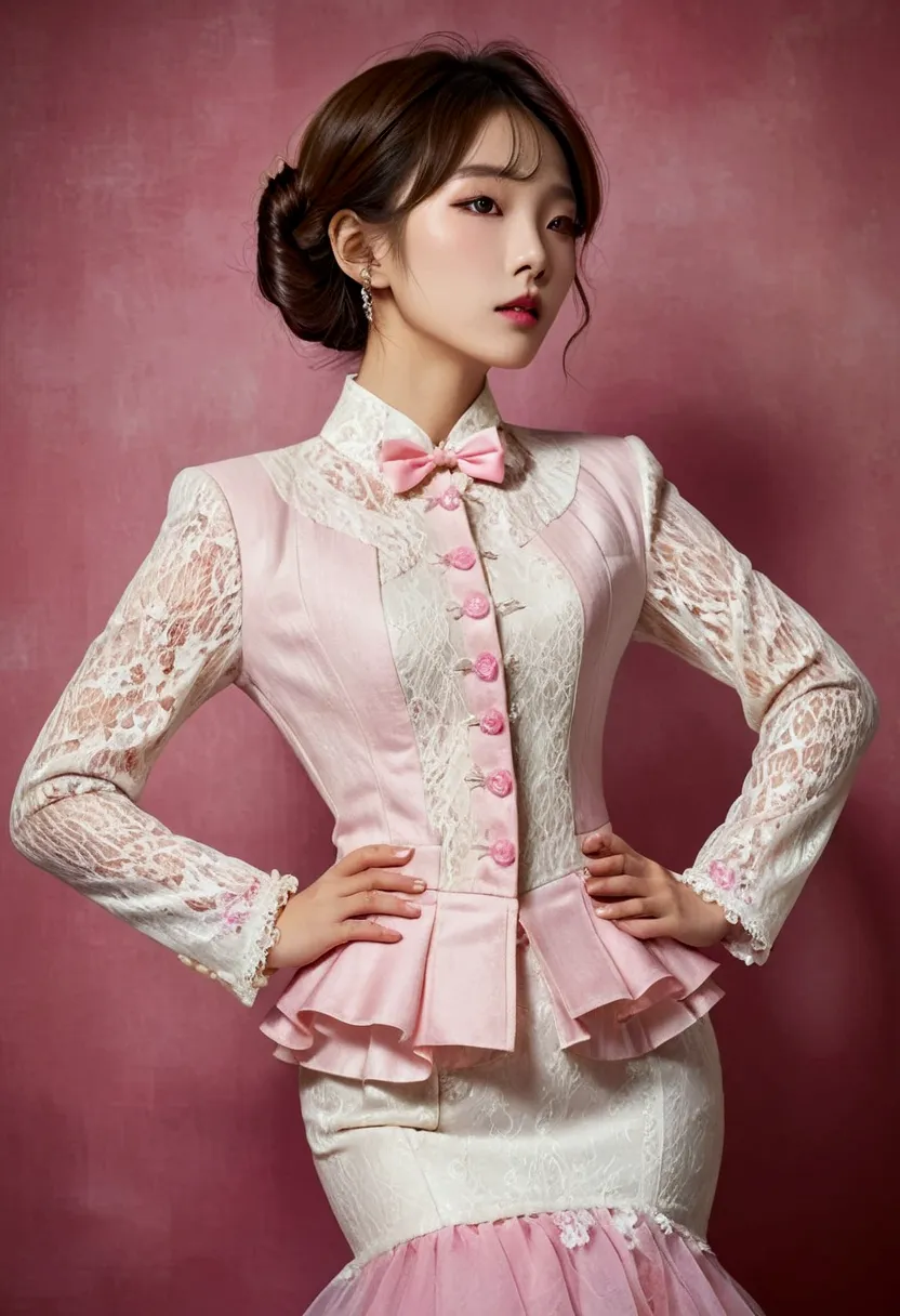 a korean man in ladies vintage suit dress, he is crossdresser, body like a woman, slender female body, white and pink, rich lace...