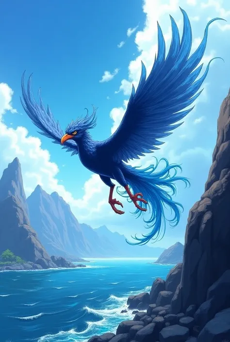 make one piece themed with marco in his half pheonix form flying around the sea with huge mountains far across