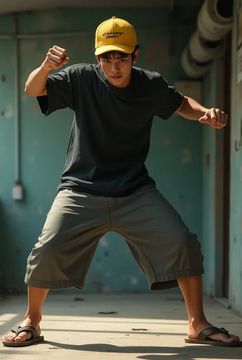 Realistic style,Japanese man, 20 years old, dynamic pose about to launch a right jab,Wearing a black long-sleeved shirt, wearing gray 3/4 pants,Wearing brown flip-flops,Wearing a yellow baseball cap with the words (Good boy) written on it,There are many ba...