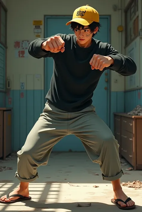 Realistic style,Japanese man, 20 years old, dynamic pose about to launch a right jab,Wearing a black long-sleeved shirt, wearing gray 3/4 pants,Wearing brown flip-flops,Wearing a yellow baseball cap with the words (Good boy) written on it,There are many ba...