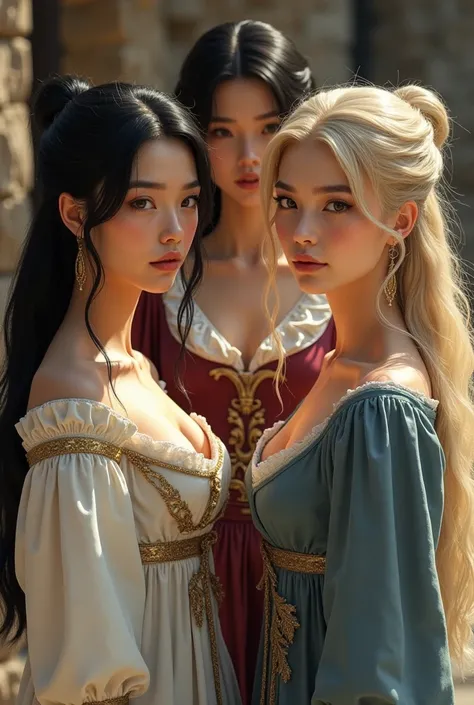 " Three women in medieval clothes two with black hair one short and the other long the third with long blond hair tied back,white skin one of them is Asian and the other American women brown eyes and gentle appearance ."