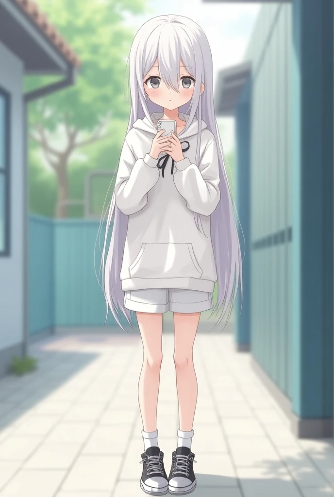  white hoodie with no lettering ,  Short white pants ,  standing with a strand of white hair,  hair is white, , Wearing a dark white ribbon , Eyes are dark white, , eyes are small,  I have a white phone in my hand, Short stature, Small hands , My hands are...