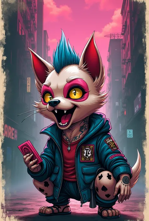 Marvel comic book cover in the style of the 80s, 90s, 2000s, with a DOG BABY character, punk jacket, face with makeup, pink and blue mohawk hair, with the title "CARAMELLOMARSHMALLOW", A 1990s/2000s comic book cover featuring the cutest and sexiest punk ro...