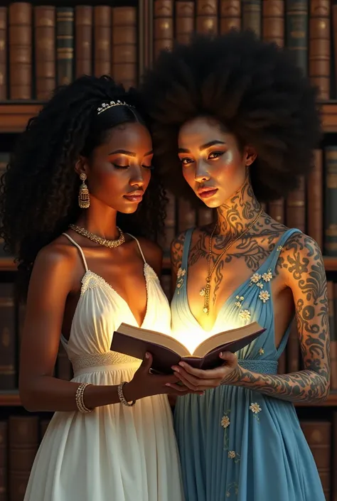 a woman,  with a scared face ,  holds a book that shines in her hands .  She has dark and radiant skin ,  long curly afro hair ,  and wears an elegant flowing white dress that moves Gently with her.  Her look is enriched by bracelets and gold earrings ,  w...