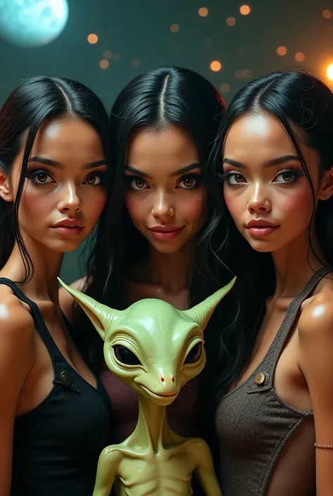 create different Mexican American alien women  Three extremely different, beautiful and gorgeous women, all 20 years old, pose inside a studio with a light background, rim light, and key light. Hyper-realistic with intricate detailing and HDR effects. alie...