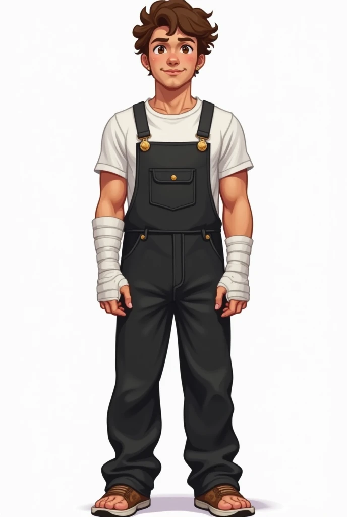 a 2d full body non realistic drawing of a brunette male human with curly short light brown hair and dressed with black dungarees, and a white shirt, and white bandages on both hands and wrist