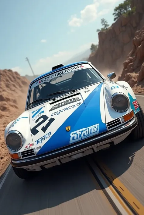 A white Rally car is blue with the number 21 inscribed "G GAMES 21 BR" The bonnet 