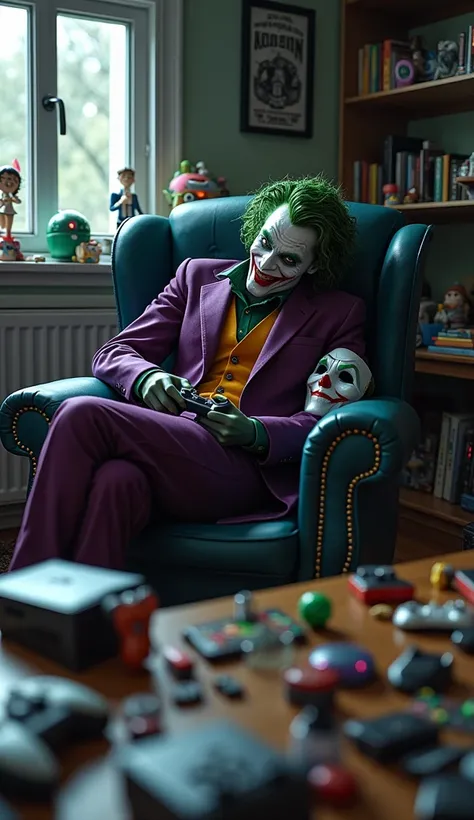    with the Joker mask sitting on the couch, playing video games, The setting is a bedroom , With lots of toys thrown on the table l 
