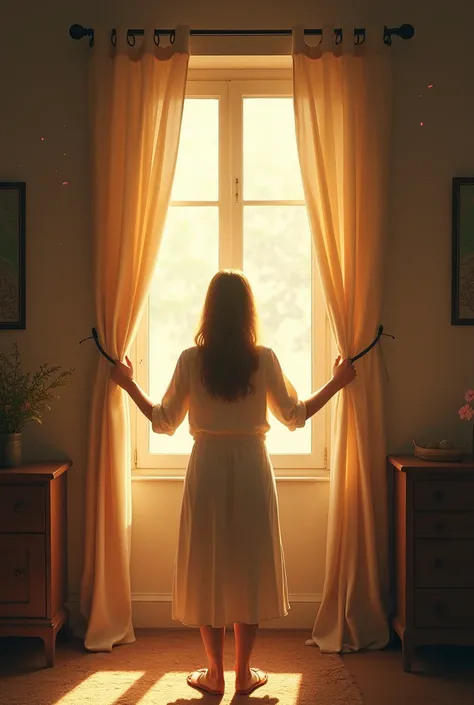 "A woman is indoors, standing in front of a window .  She pulls the curtains to the sides ,  allowing natural light to flood the simple and welcoming environment.  The scene captures the moment when the dark space is illuminated ,  highlighting dust partic...