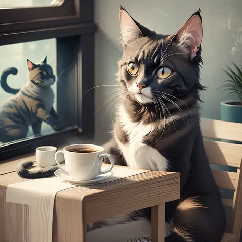 cartoon of a relaxed black white cat with a drinking a cup of coffee, retro vintage background --auto --s2