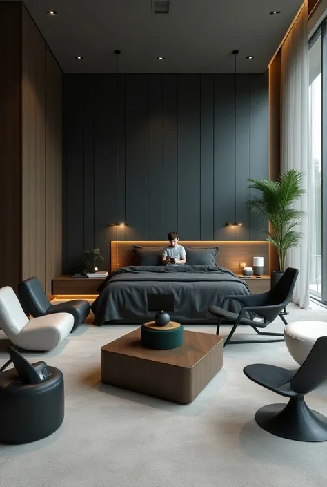 Professional 3d architecture rendering design of modern and minimal and high tech design for boy’s room and this  room made of 2  black  leather cubes chairs and 2 circle white  leather chairs and 1  dark mahogany triangle table and triangle  dark grey bed...