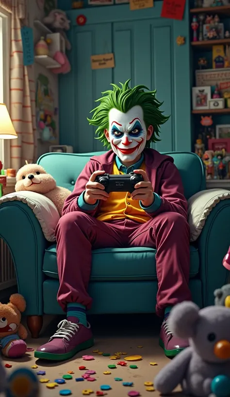  son of the Joker aged  with the Joker mask sitting on the couch, playing video games, The setting is a bedroom , With lots of toys thrown on the table l 
