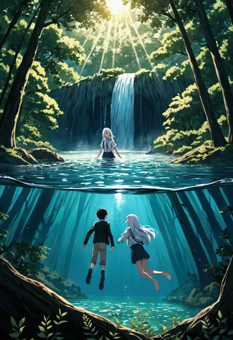  a boy and a girl .  The boy has messy black hair, School clothes. La chica tiene School clothes, long white hair,  blue eyes . Both boys are in a forest .  The girl is swimming in a nearby lake.  The boy is sinking in the lake .