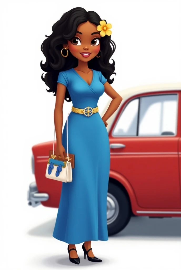 A cartoon image of a beautiful black-skinned woman , thin, 1,60 tall, curly black hair loose ,  with a modest bright blue long dress , no cleavage,  Wide gold leather belt and silver buckle at the waist ,  Black high-heeled sandal with gold details ,  gold...