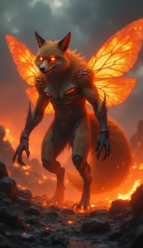 Design a monstrous hybrid creature that seamlessly combines features of a fox and a firefly. The entity should have the sharp, predatory face of a fox, glowing, insect-like eyes, and firefly wings that emit a menacing, fiery glow. Its body should blend fox...