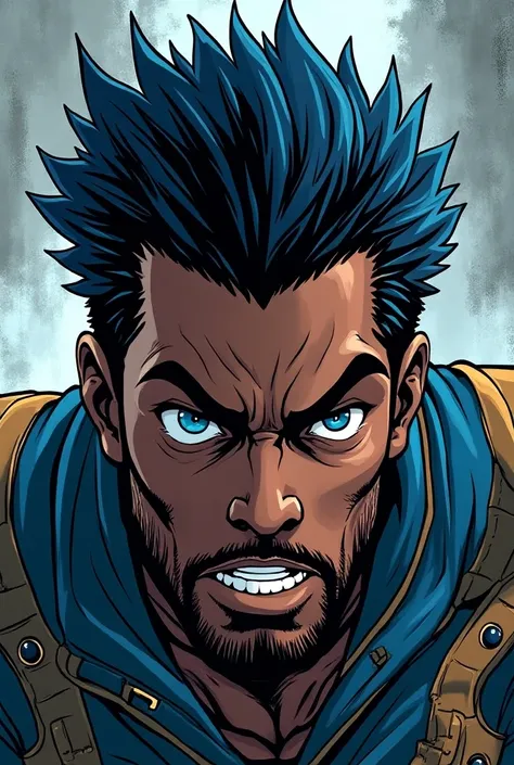 Demon slayer 
comics panel of an African male he has blue and black hair, blue eyes and he is a slayer, he is wearing uniforms.