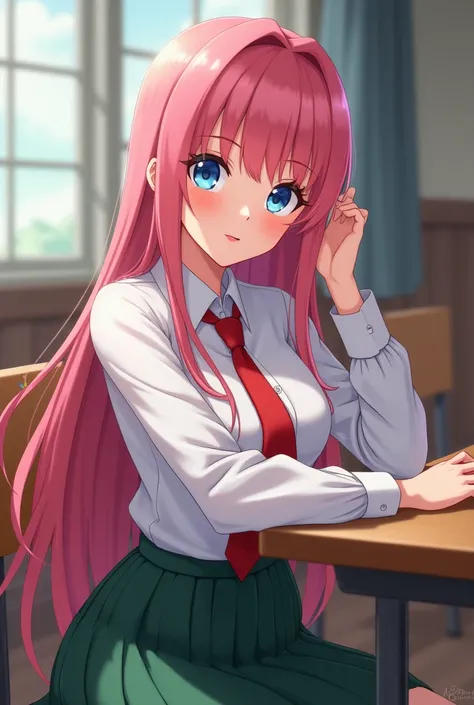  Heroic.  academy.  U.A.     female uniform UA white shirt, red tie, green skirt.  pink hair is short.  Blue eyes.  clothes school uniform UA sitting on a desk smiling.