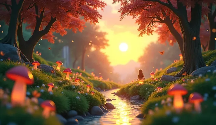 "A vibrant 3D animated scene featuring a magical forest during sunset, with glowing mushrooms, a sparkling river winding through the lush greenery, and small animated creatures like fairies and fireflies floating around. The perspective is cinematic, with ...