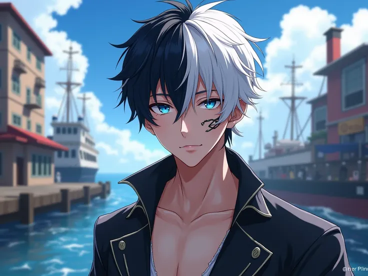   High Resolution, Cheveux Courts, Left black and white hair on the right , blue eyes ,  scar on the cheek  ,  young man  , sexy , dans un port , anime ,