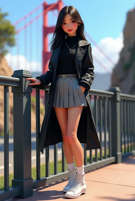 Woman 30, long straight black hair, wearing short grey school girl skirt with black sweater and black short trench coat with white converse high sneakers with white short socks. Leaning and posing at red tube low metal fence. With San Francisco’s Golden Ga...