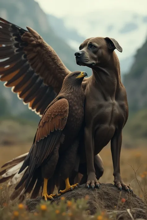 A pitbull with his arm around the eagles neck