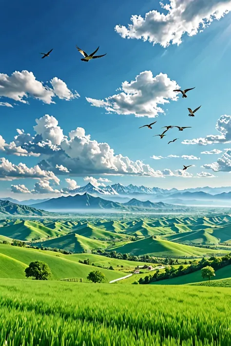 "A landscape in high definition, with vast green fields ,  mountains in the background and a clear blue sky with soft clouds . IN THE SKY, birds fly freely, Creating a serene and peaceful environment"