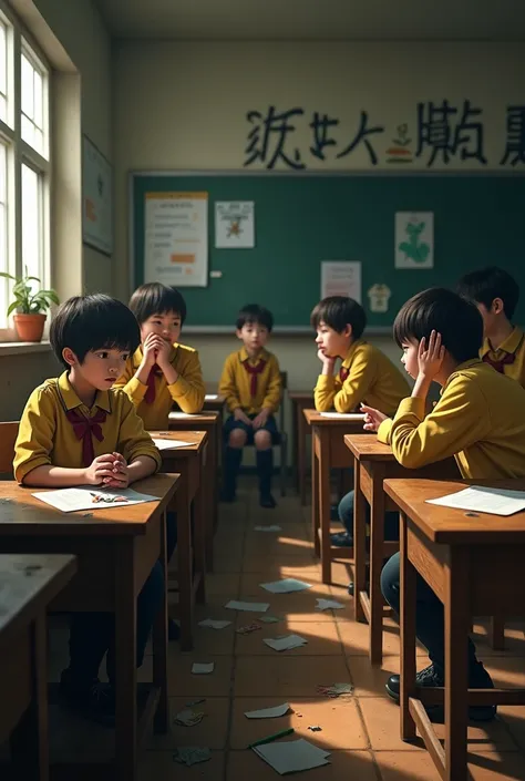 Restless secondary class. Students have on yellow and brown uniforms 