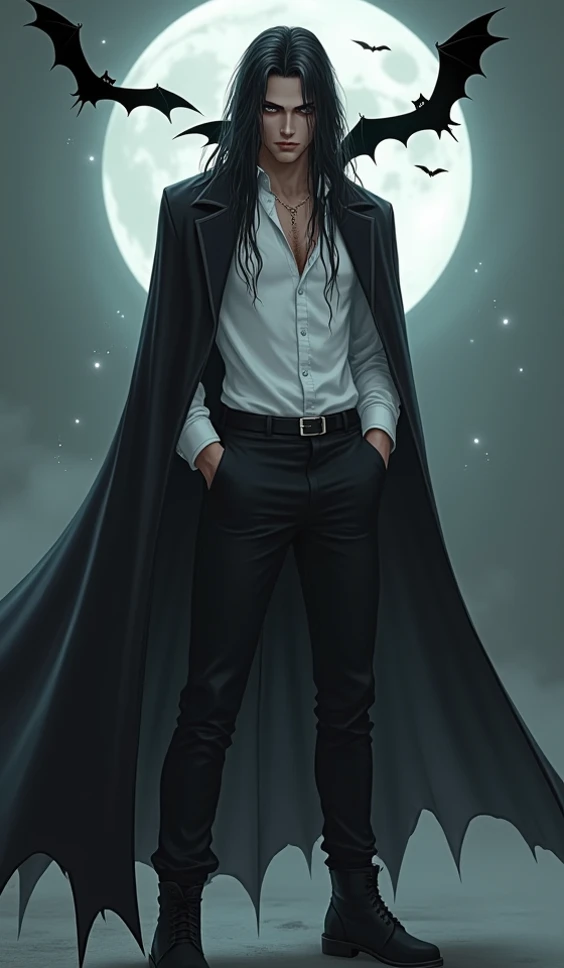 a handsome vampire man ,  with long black hair and gray eyes ,  dressed in a pristine white shirt ,  in black pants with black boots ,  showing his fangs with a stream of blood running through them,  against the background of the moon with a bat around  
