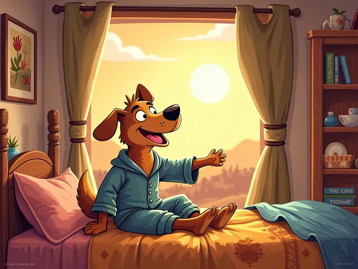  to illustrate a cartoon for an Andean fantasy story where the main character is a dog that does human activities,  I need you to do this the sun wake up Mr.. Dog in your bed every day 