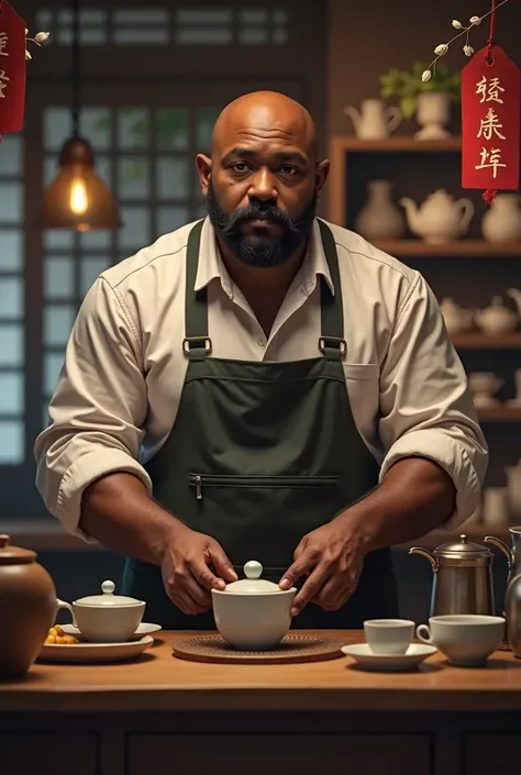 short, muscular black man with a machete mustache and working in a tea house