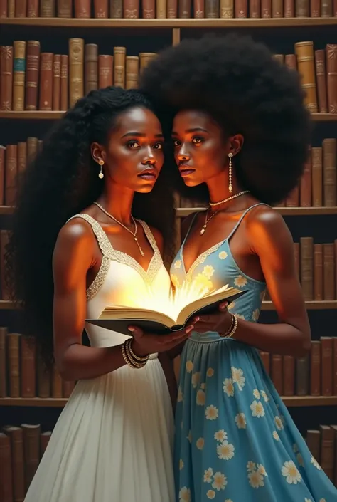 a woman,  with a scared face ,  holds a book that shines in her hands .  She has dark and radiant skin ,  long curly afro hair ,  and wears an elegant flowing white dress that moves Gently with her.  Her look is enriched by bracelets and gold earrings ,  w...