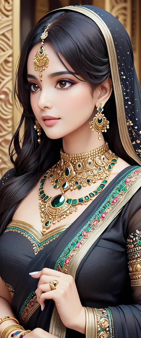 arafed woman in a sari with a necklace and a necklace, intricate set, adorned with precious stones, wearing intricate, intricate jewellery, with intricate details, intricate outfit, wearing elegant jewellery, intricate details. front on, black jewellery, d...