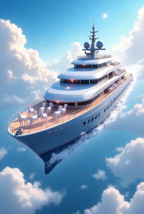 An anime yacht that is flying in the sky full of unicorns