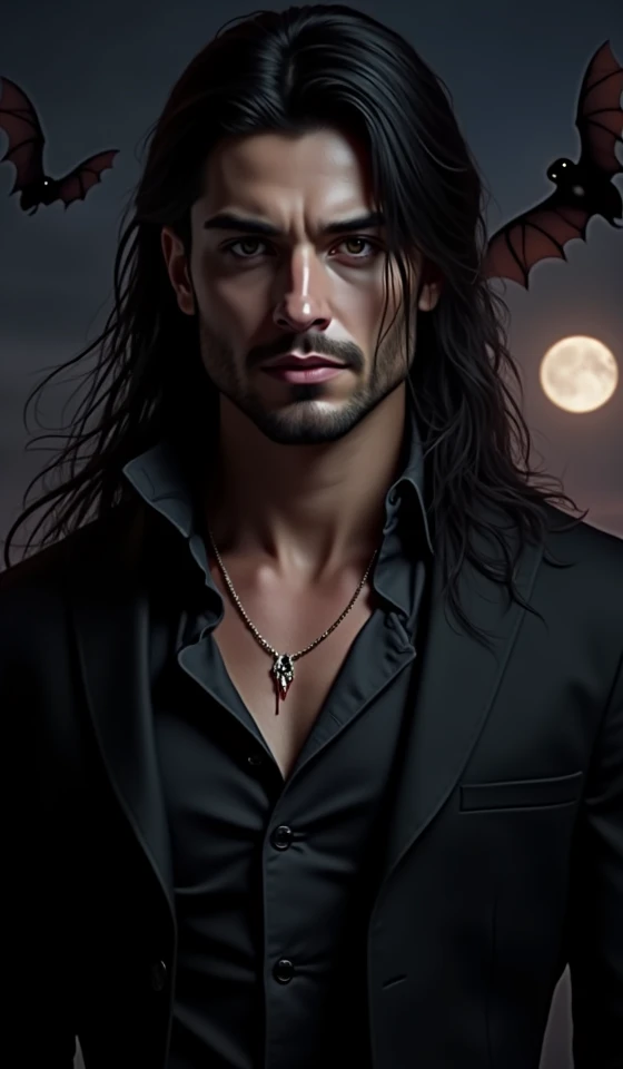 a handsome vampire man ,  with long black hair and gray eyes ,  dressed in a pristine white shirt ,  in black pants with black boots ,  showing his fangs with a stream of blood running through them,  against the background of the moon with a bat around  
