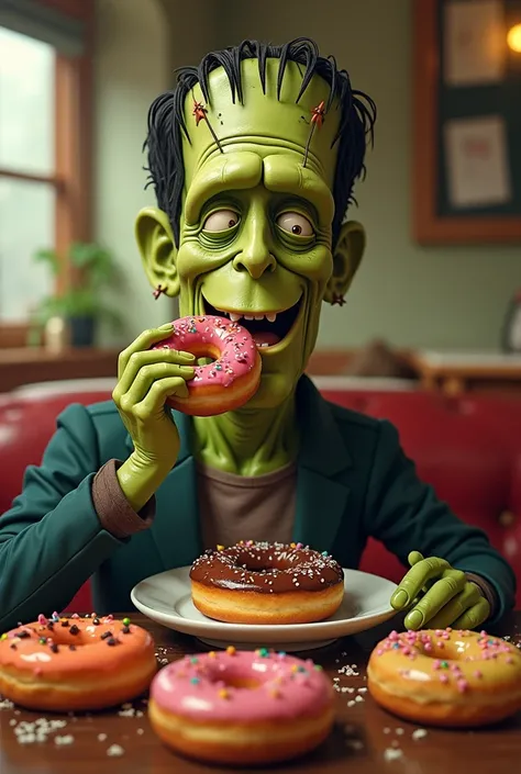 Frankenstein happy adult eating 1950s style donuts
